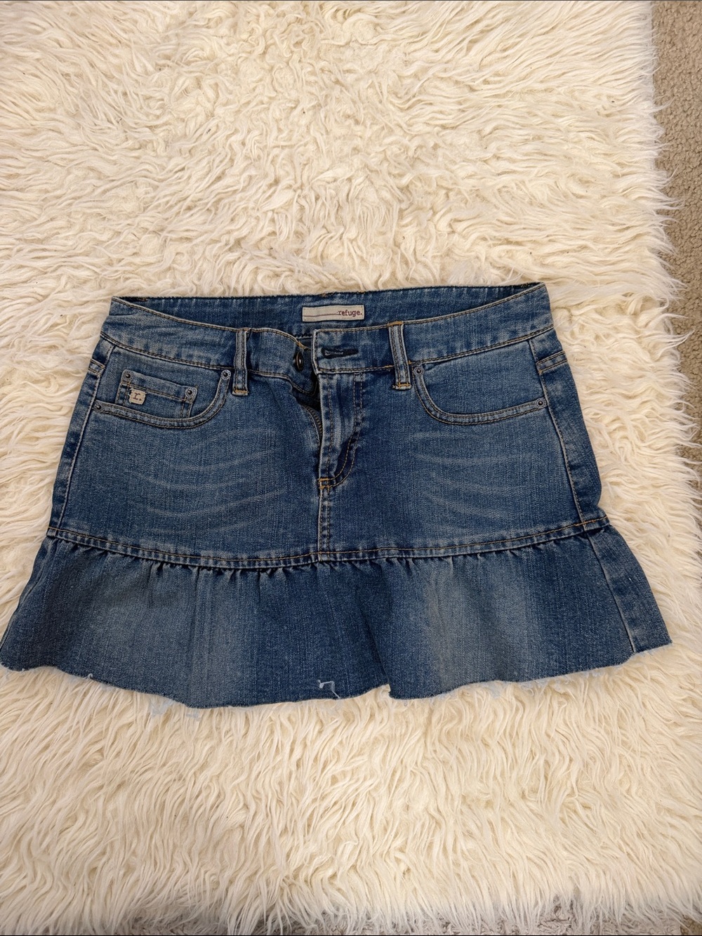 refuge Denim Mini Skirt in Washed Blue with Ruffle Hem